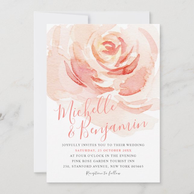 Watercolor Blush Pink Rose Floral Wedding Invitation (Front)