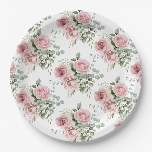 Watercolor Blush Pink Rose Pattern Paper Plate (Front)