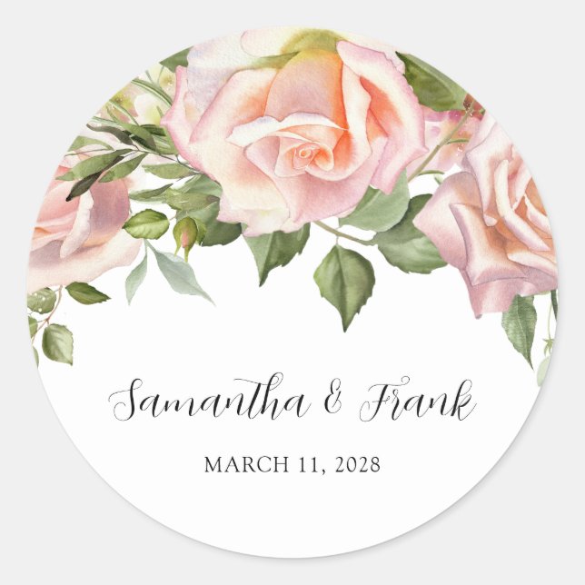 Watercolor Blush Pink Roses Wedding Classic Round Sticker (Front)