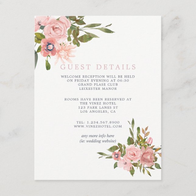 Watercolor Blush Pink Roses Wedding Guest Details Enclosure Card (Front)