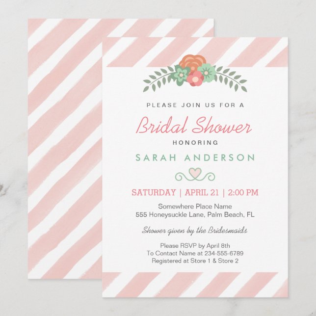 Watercolor Blush Pink Stripes Floral Bridal Shower Invitation (Front/Back)
