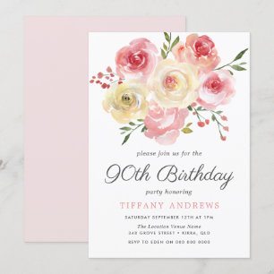 Watercolor Blush Pink Womans 90th Birthday Invite