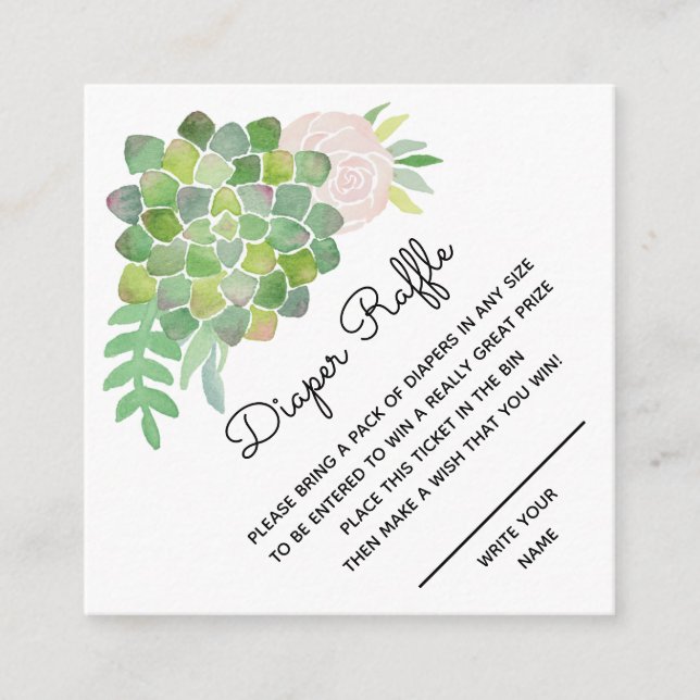 Watercolor Blush Rose and Succulent Diaper Raffle Enclosure Card (Front)