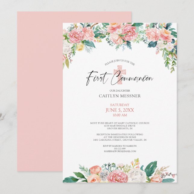 Watercolor Blush Rose Floral Cross First Communion Invitation (Front/Back)