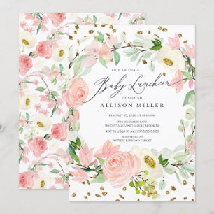 Watercolor Blush Rose Peonies Floral Baby Luncheon Invitation