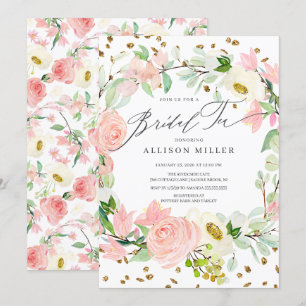 Watercolor Blush Rose Peonies Floral Bridal Tea Invitation