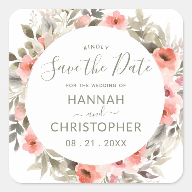 Watercolor Blush Rose Wreath Save the Date Sticker (Front)