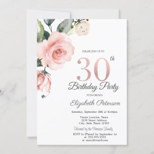 Watercolor Blush Roses 30th Birthday Invitation