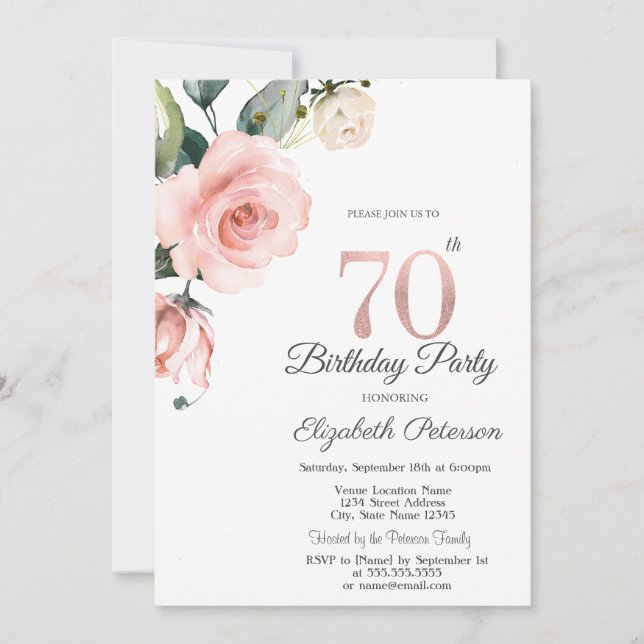 Watercolor Blush Roses 70th Birthday Invitation (Front)