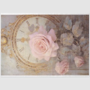 Watercolor blush roses antique clock gold grunge tissue paper
