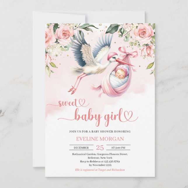 Watercolor blush roses cute stork baby girl invitation (Front)