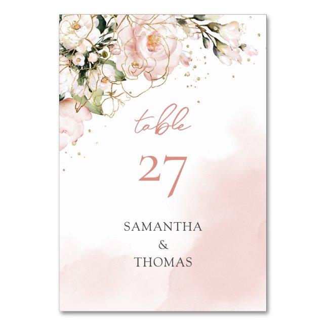 Watercolor Blush roses eucalyptus gold sparkles Table Number (Front)