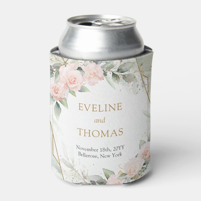 Watercolor Blush roses eucalyptus gold wedding Can Cooler (Can Front)