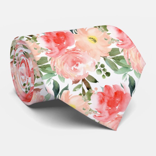 Watercolor Blush Roses Peonies Eucalyptus Tie (Rolled)