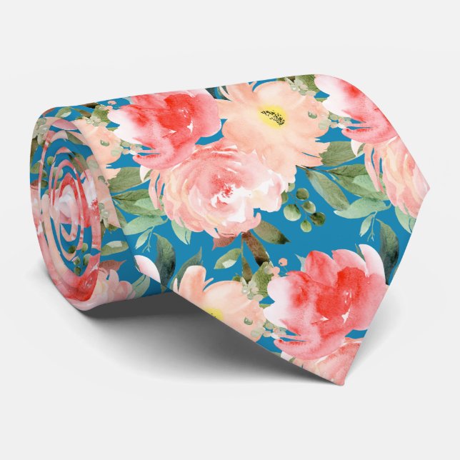 Watercolor Blush Roses Peonies Eucalyptus Tie (Rolled)