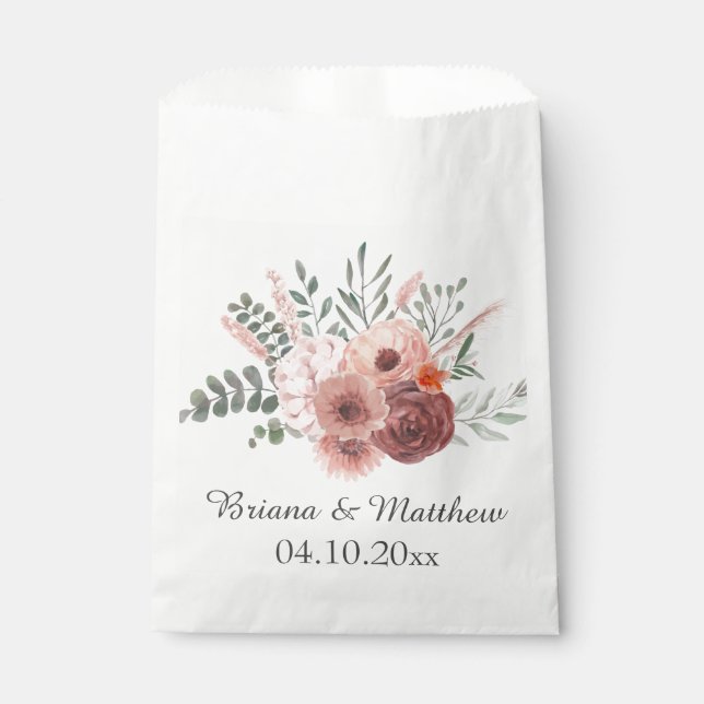 Watercolor Blush Rust Floral Wedding Favour Bag (Front)