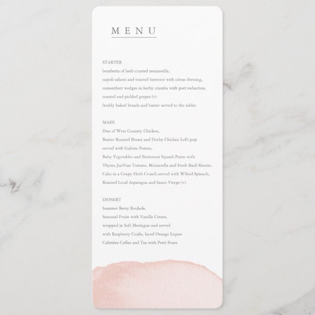 Watercolor blush wedding menu (SIMPLE LAYOUT) (Front)