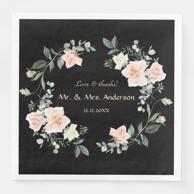 Watercolor Blush White Flowers Black Wedding Napkin (Front)