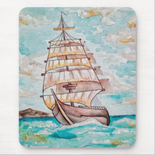 Watercolor Boat Ship Sail Summer Sea Ocean Life Mouse Pad