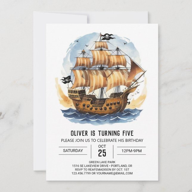 Watercolor Boat Treasure Map Pirate Birthday Invitation (Front)