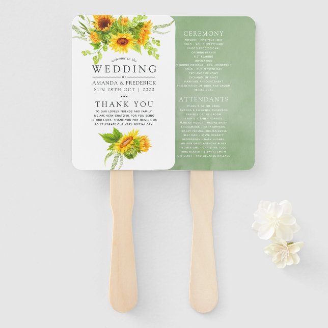 Watercolor Bohemian Boho Sunflower Wedding Program Hand Fan (Front and Back)