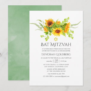 Watercolor Bohemian Boho Sunflowers Bat Mitzvah Invitation