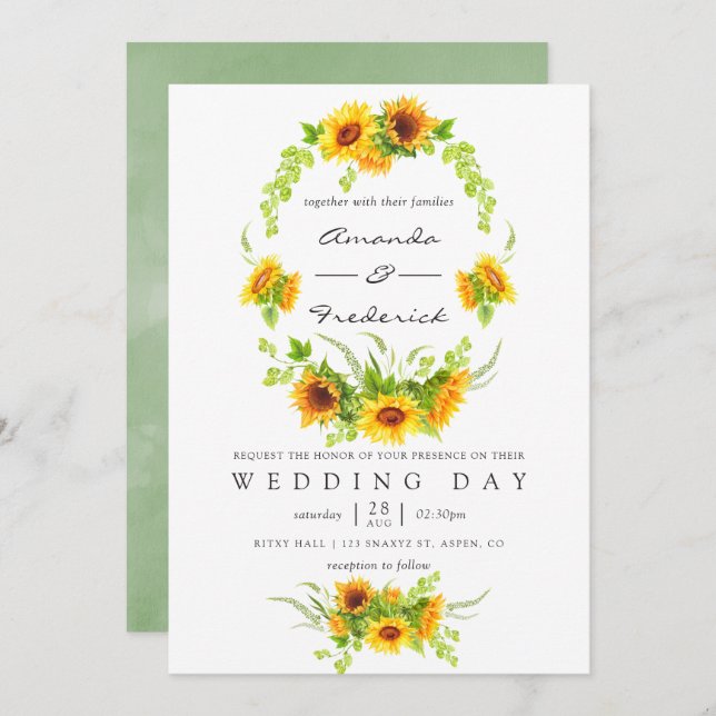 Watercolor Bohemian Boho Sunflowers Wedding Invitation (Front/Back)