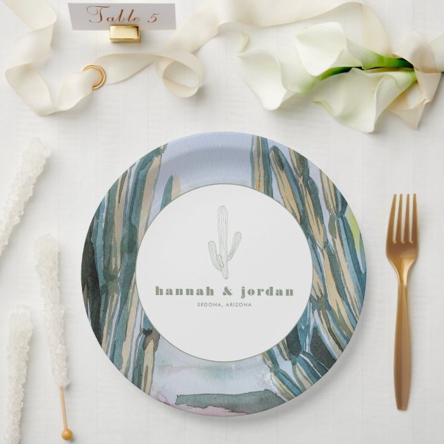 Watercolor Bohemian Cactus Green Desert Wedding Paper Plate (Wedding)