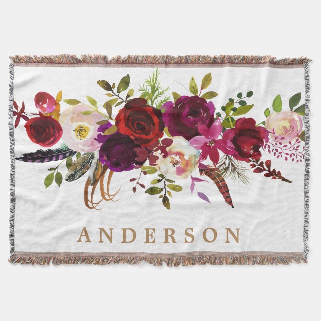 Watercolor Bohemian Floral Burgundy Marsala Red Throw Blanket (Front)