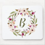 Watercolor Bohemian Floral Wreath Monogram Mouse Pad<br><div class="desc">Bohemian inspired mousepad featuring watercolor purple and ivory flowers with foliage wreath. This customizable monogram mousepad is perfect for a personalized gift.</div>