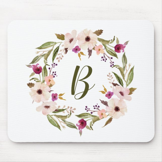 Watercolor Bohemian Floral Wreath Monogram Mouse Pad (Front)