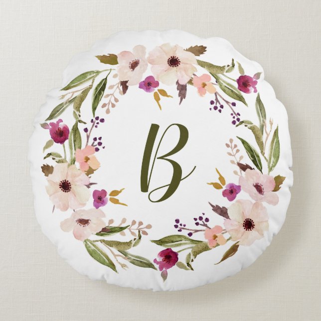 Watercolor Bohemian Floral Wreath Monogram Round Pillow (Front)