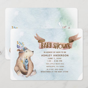 Watercolor Boho Bear Rustic Animals Baby Shower Invitation