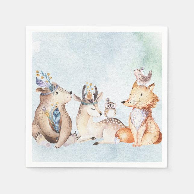 Watercolor Boho Bear Rustic Animals Baby Shower Napkin (Front)