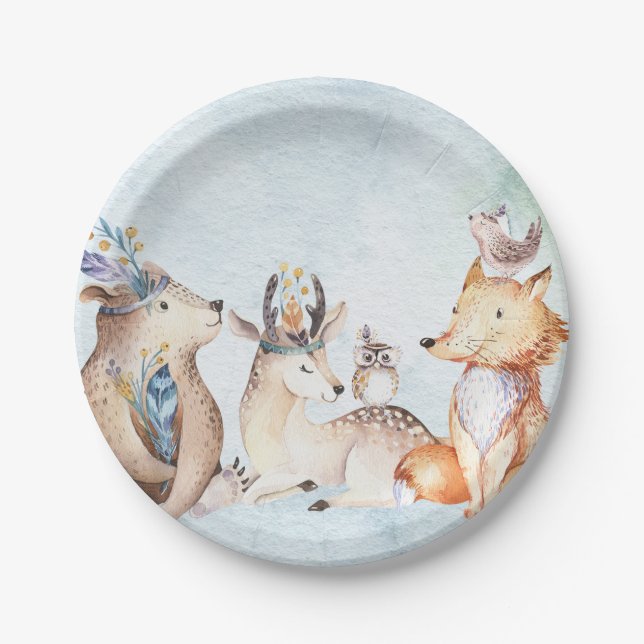 Watercolor Boho Bear Rustic Animals Baby Shower Paper Plate (Front)