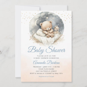 Watercolor Boho Blue teddy bear boy baby shower  Invitation