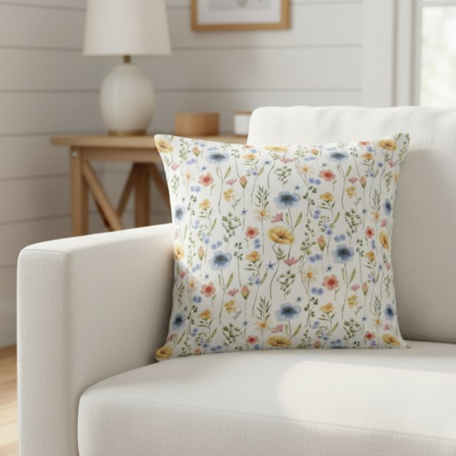 Watercolor Boho Blue Yellow Pink Wildflower Throw Pillow (Creator Uploaded)
