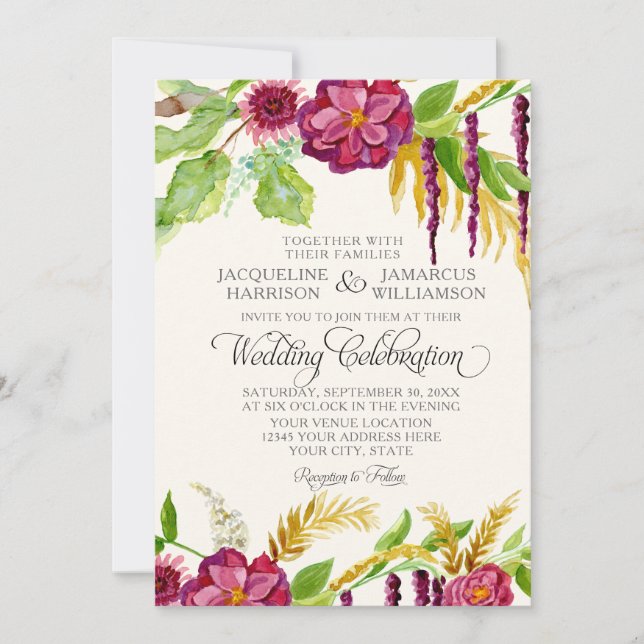 Watercolor Boho Bohemian Burgundy Rose Floral Fall Invitation (Front)