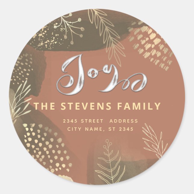 Watercolor boho botanical  script joy winter  classic round sticker (Front)