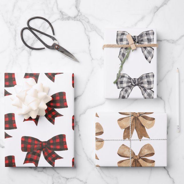 Watercolor Boho Buffalo Plaid & Burlap Bows Wrapping Paper Sheet (Front)