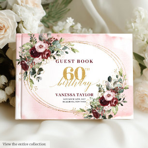 Watercolor Boho Burgundy Gold 60th Birthday Guest Book