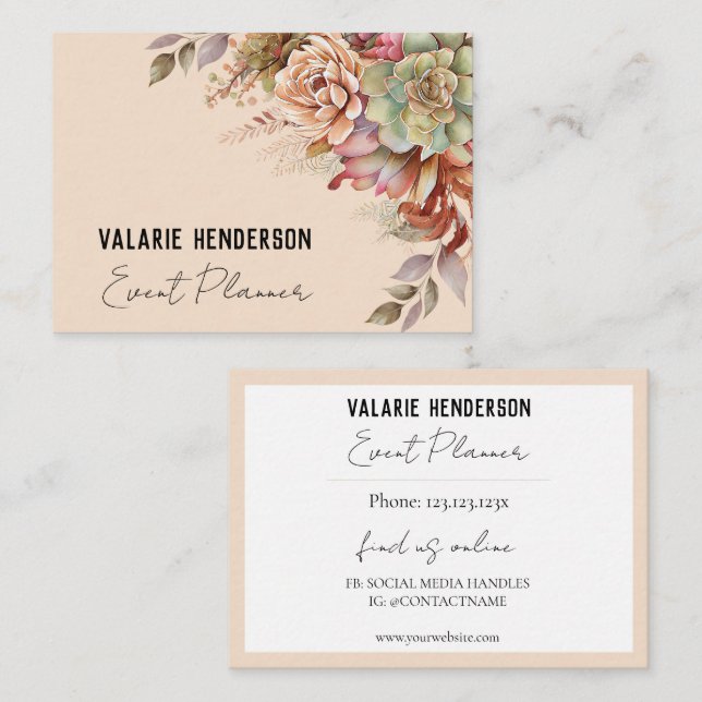 Watercolor Boho Cactus Feminine Script Business Card (Front/Back)