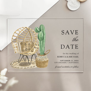 Watercolor Boho Cactus Wedding Save the Date Acrylic Invitations