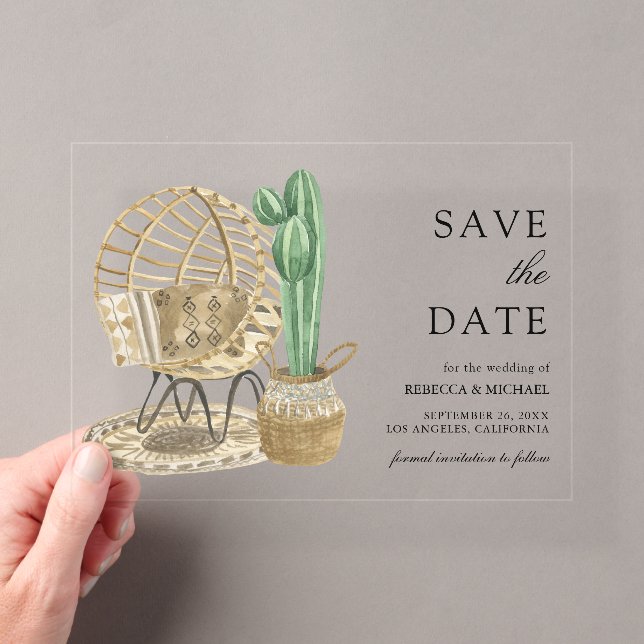 Watercolor Boho Cactus Wedding Save the Date Acrylic Invitations (Insitu (Handheld))