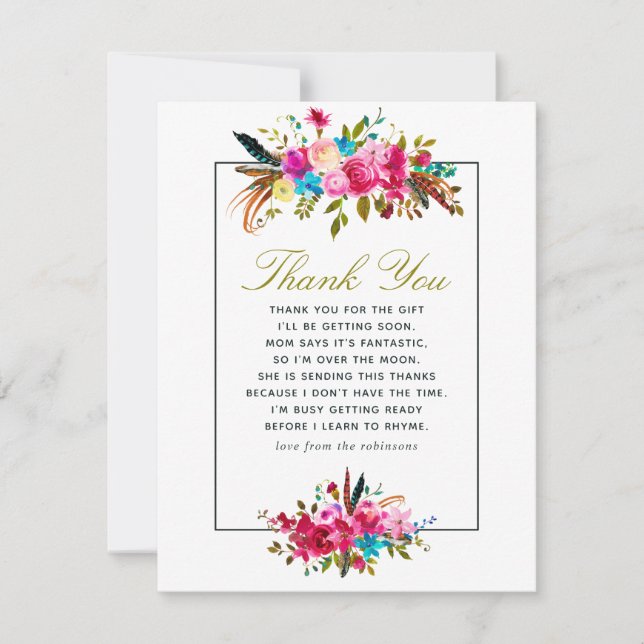 Watercolor Boho Chic Floral Baby Shower Thank You (Front)