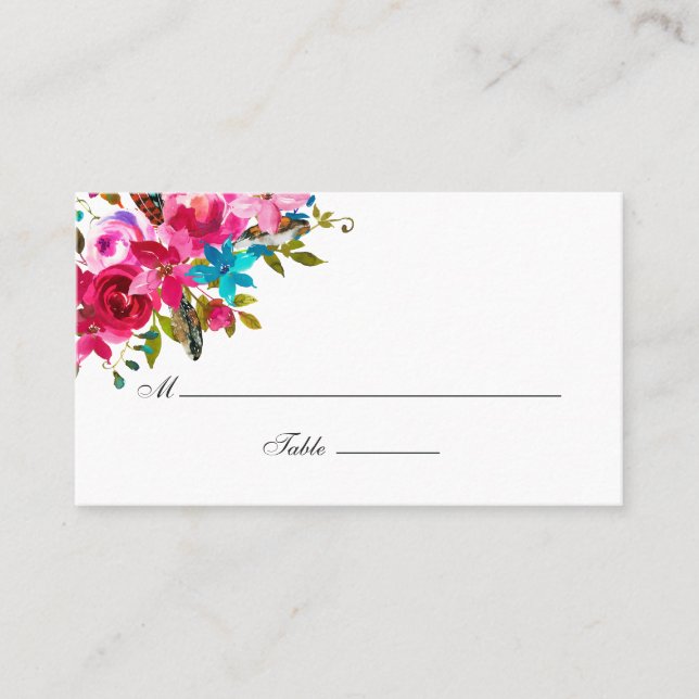 Watercolor Boho Chic Floral Wedding Place Card (Front)