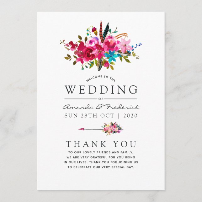 Watercolor Boho Chic Floral Wedding Program (Front)