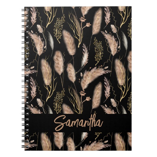 Watercolor Boho Chic Pampas Grass Pattern Black Notebook (Front)
