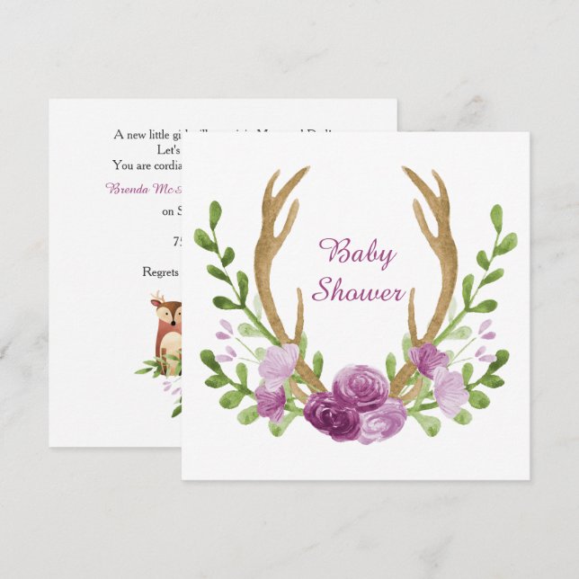 Watercolor Boho Chic Purple Flowers Baby Shower Invitation (Front/Back)