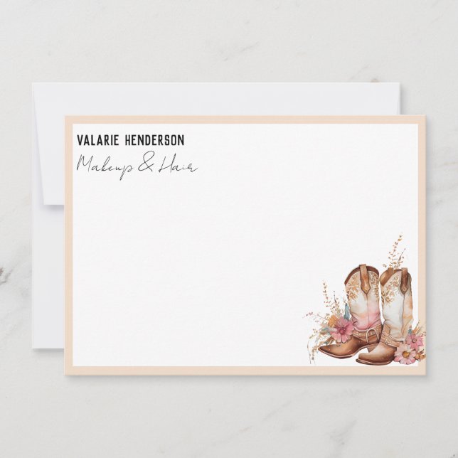 Watercolor Boho Cowgirl Boots Business Note Card (Front)